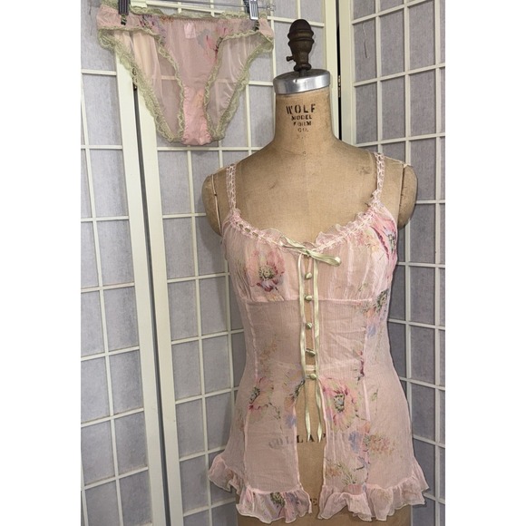 Victoria's Secret Other - Vtg Y2K Victoria's Secret 100% Silk Set Floral Milkmaid Babydoll Chemise Slip S
